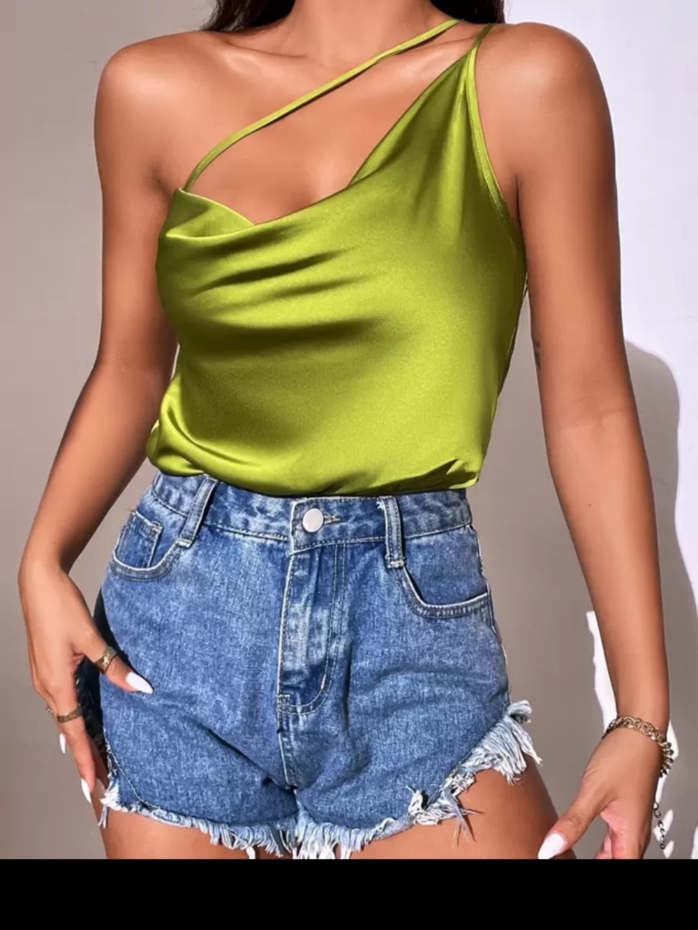 SHEIN Olive Green Satin Asymmetric Cowl Camisole